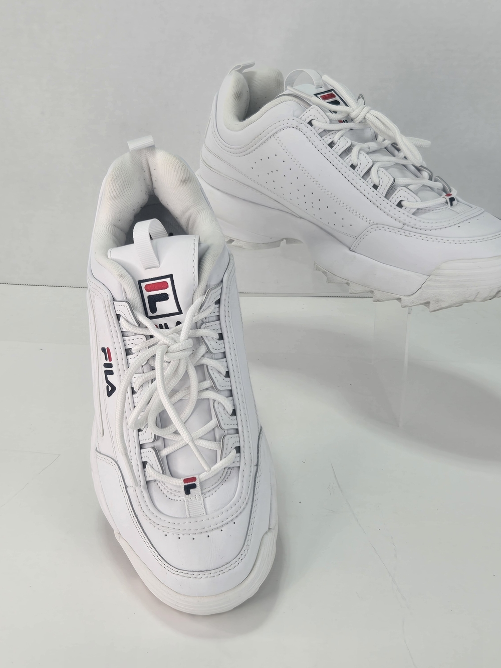 FILA Disruptor II White Low-Top Sneakers with Red & Navy Logo Accents Women's 10